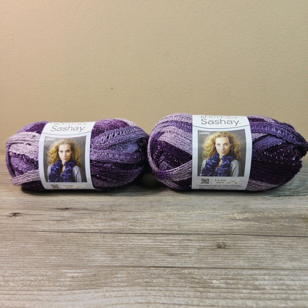 Red Heart Boutique Sashay Yarn 1934 Rumba Purple Ruffle Scarf Lot of 2 Dye